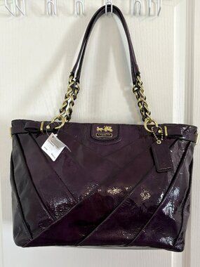 Coach Madison Diagonal Pleated Patent Leather Tote Bag Handbag 21300 Violet NEW